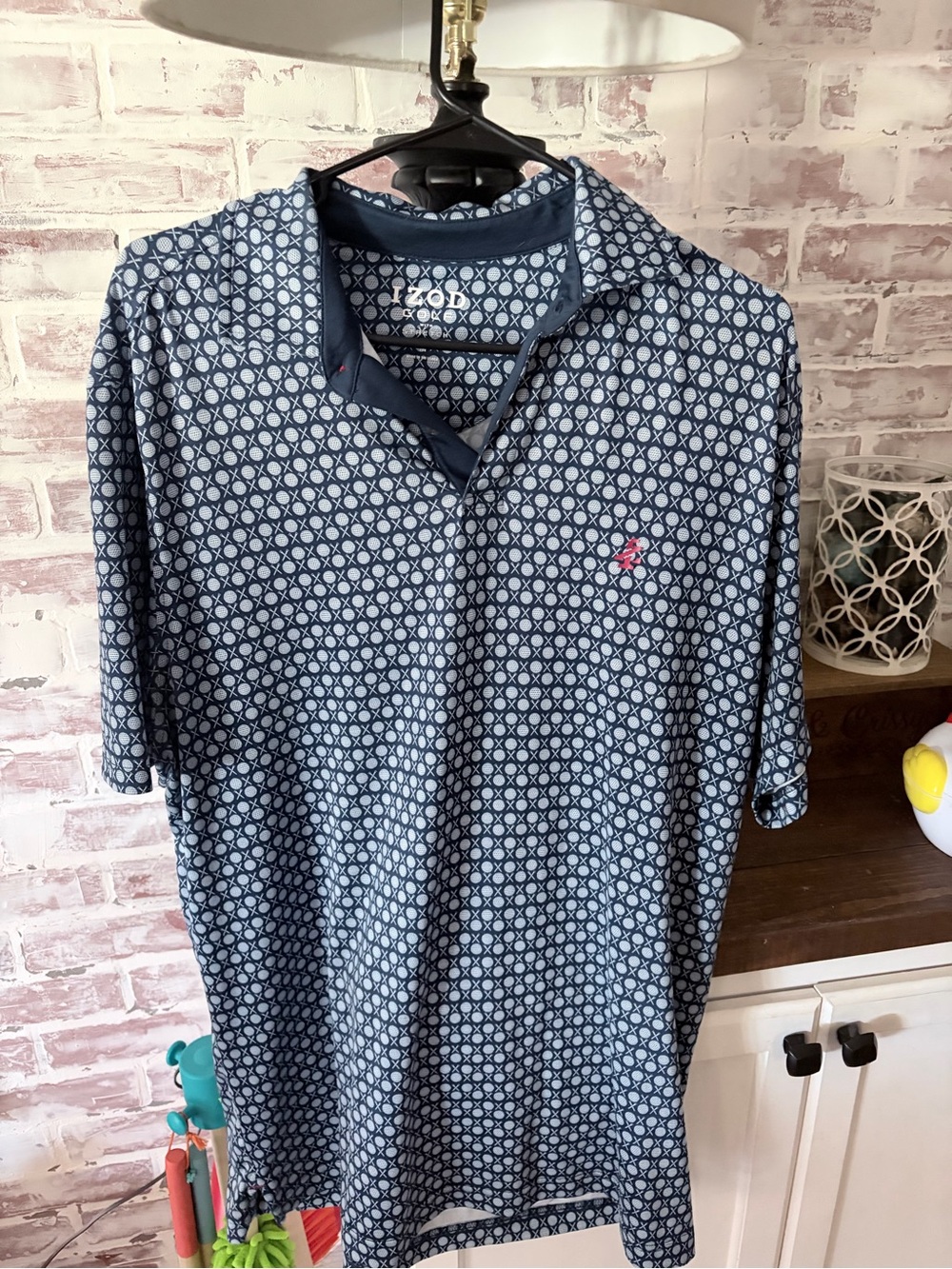 Izod Navy Geometric Short-Sleeve Polo with Pink Logo